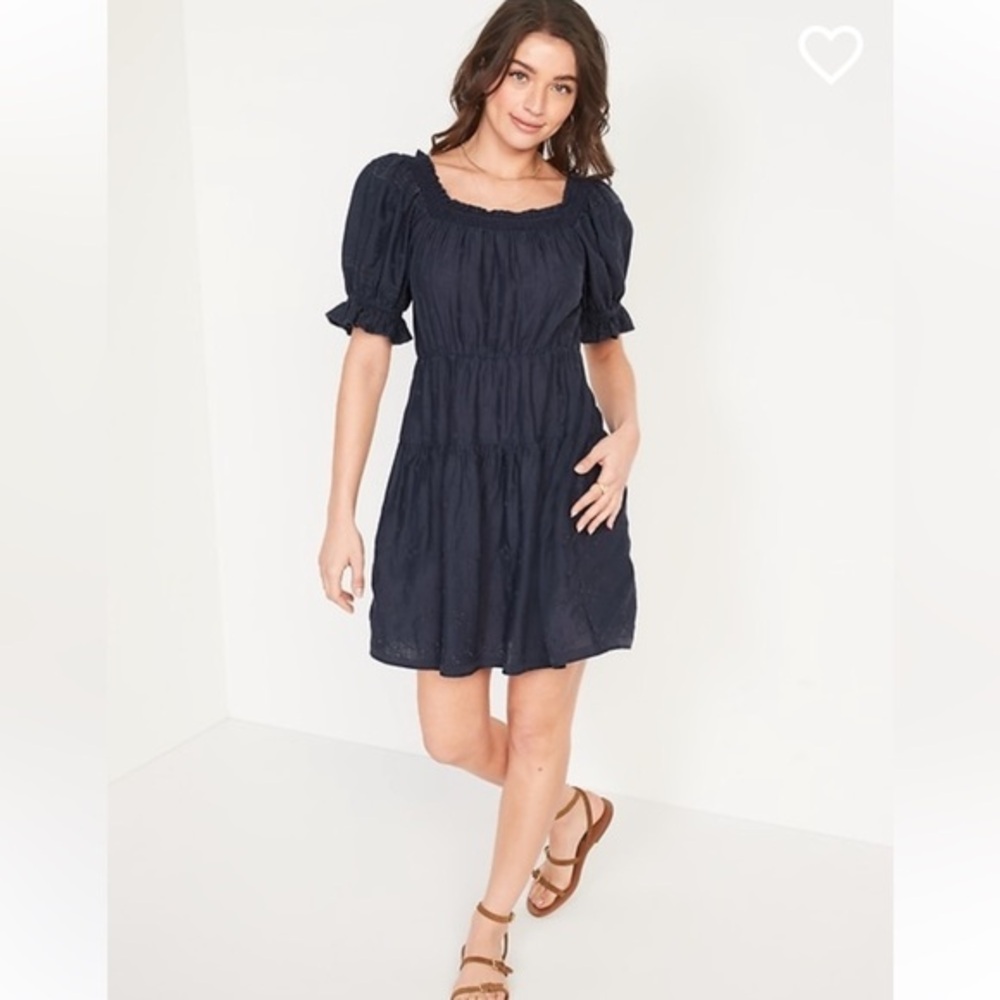 Puff-Sleeve Tiered Smocked Embroidered Mini Swing Dress